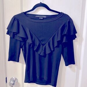 Veronica Beard Prima cotton black ruffles 3/4 sleeves ribbed tops XS